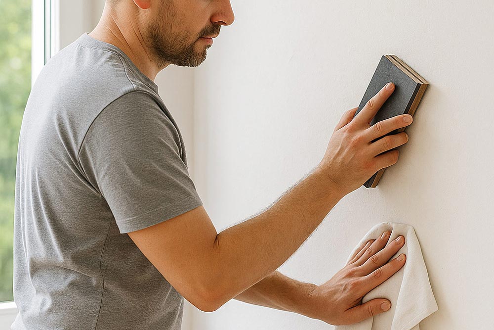 Abgezogene Wand wird nach dem Tapetenentfernen geglättet und gereinigt