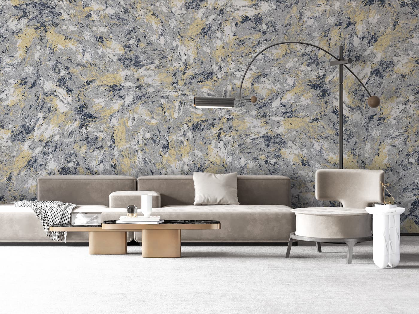 Moderne Eleganz
Diese luxuriöse Kollektion verkörpert zeitgenössische Eleganz mit einer Palette aus Schwarz, Weiß, Grau und Gold. Sie schafft eine raffinierte und stilvolle Atmosphäre, die perfekt für moderne Wohnräume, Büros oder Empfangsbereiche geeignet ist.