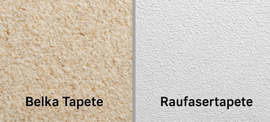 An image showing two textured wallpaper samples side by side; the left is Belka Tapete with a fibrous, beige natural fiber texture, and the right is Raufasertapete with a rough, white paper texture.