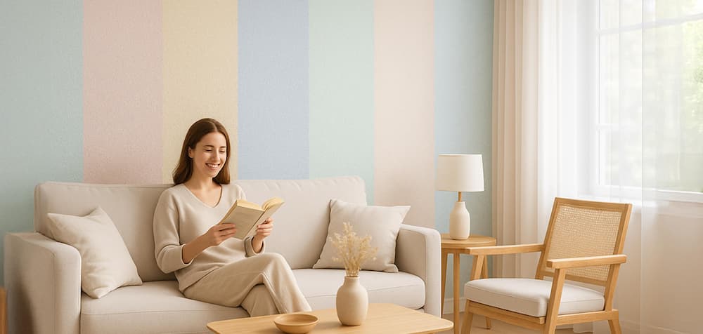 Eine Frau sitzt auf einem beigen Sofa in einem hellen, eleganten Raum mit pastellfarbener Belka-Tapete. Sie liest ein Buch, während sie sich entspannt. Neben ihr steht ein Couchtisch mit einer Vase und getrockneten Blumen, und ein Rattanstuhl sowie eine Lampe ergänzen die gemütliche Atmosphäre. Ein großes Fenster mit weißen Vorhängen lässt Tageslicht herein.