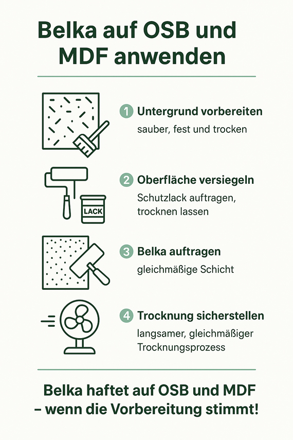 An instructional infographic showing the steps to apply Belka on OSB and MDF surfaces, including preparing the base, sealing the surface, applying Belka evenly, and ensuring proper drying, with corresponding icons.