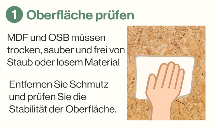 An illustration of a hand using a dry cloth or sanding block to clean or inspect a raw MDF or OSB board,