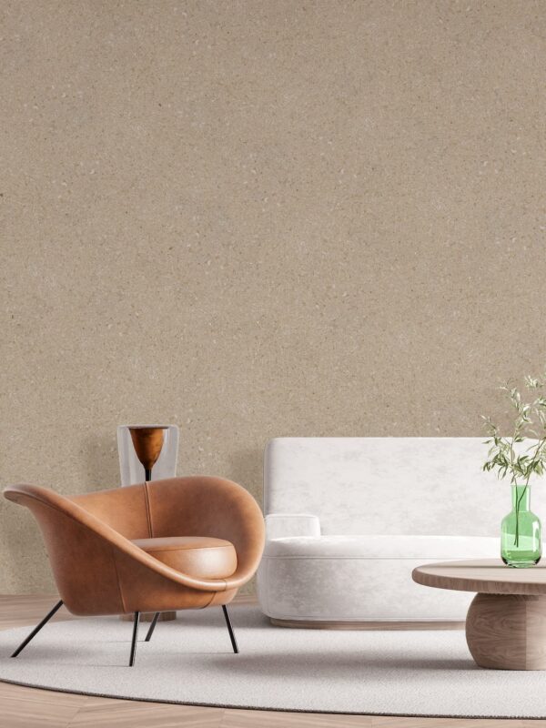 "Belka Y2502 Portland Stone Tapete – glatte, elegante, weiße Wandbeschichtung aus Baumwollzellulose, aufgetragen auf einer Wohnzimmerwand, mit natürlichem Licht für eine helle, moderne Atmosphäre.