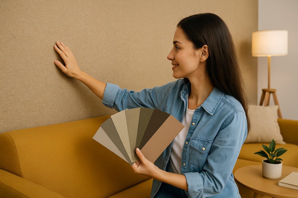 Frau bewundert moderne Wohnzimmerwand mit Belka Tapete in Mocha Mousse – Trendfarbe 2025 für stilvolle, nachhaltige Raumgestaltung.