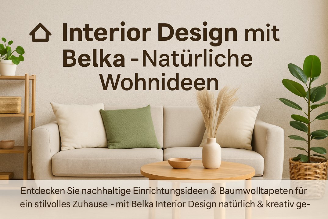 Nachhaltig eingerichtetes Wohnzimmer mit Baumwolltapete von Belka, Naturmaterialien und Pflanzen – Interior Design im natürlichen Stil