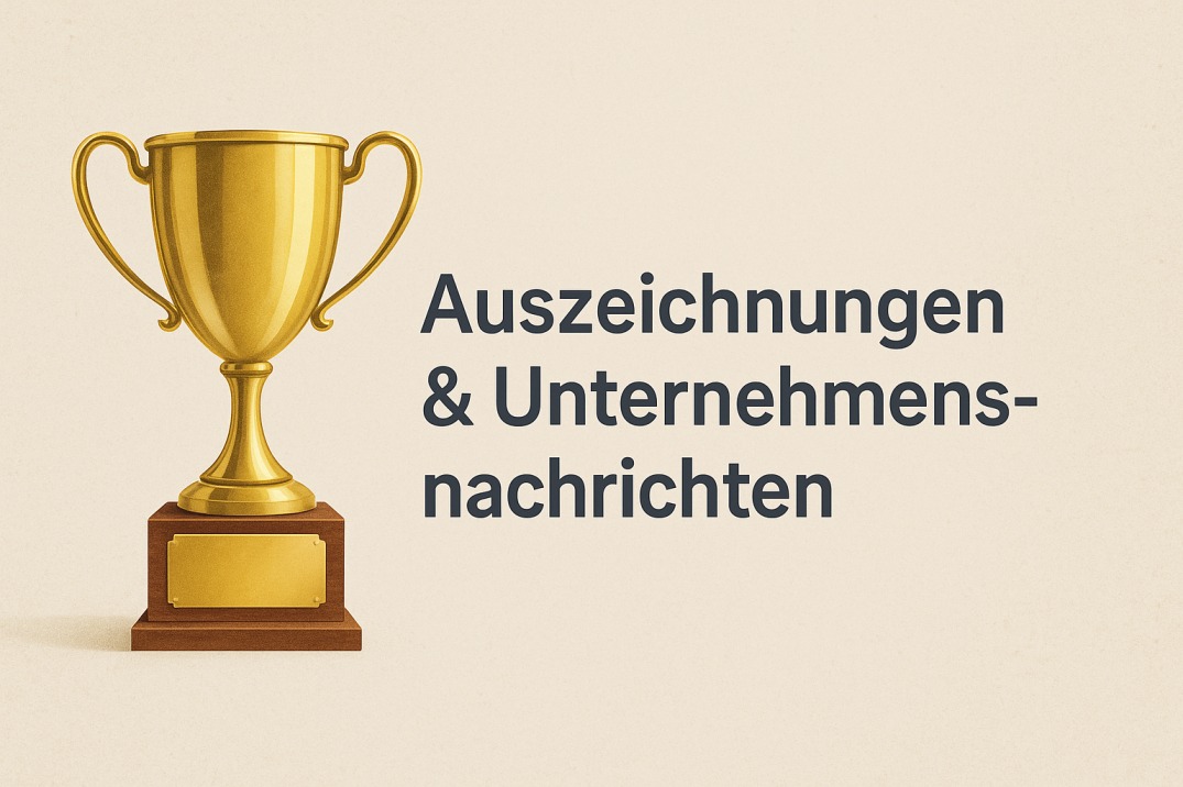 Goldener Pokal mit der Aufschrift „Auszeichnungen & Unternehmensnachrichten“ auf beigem Hintergrund.