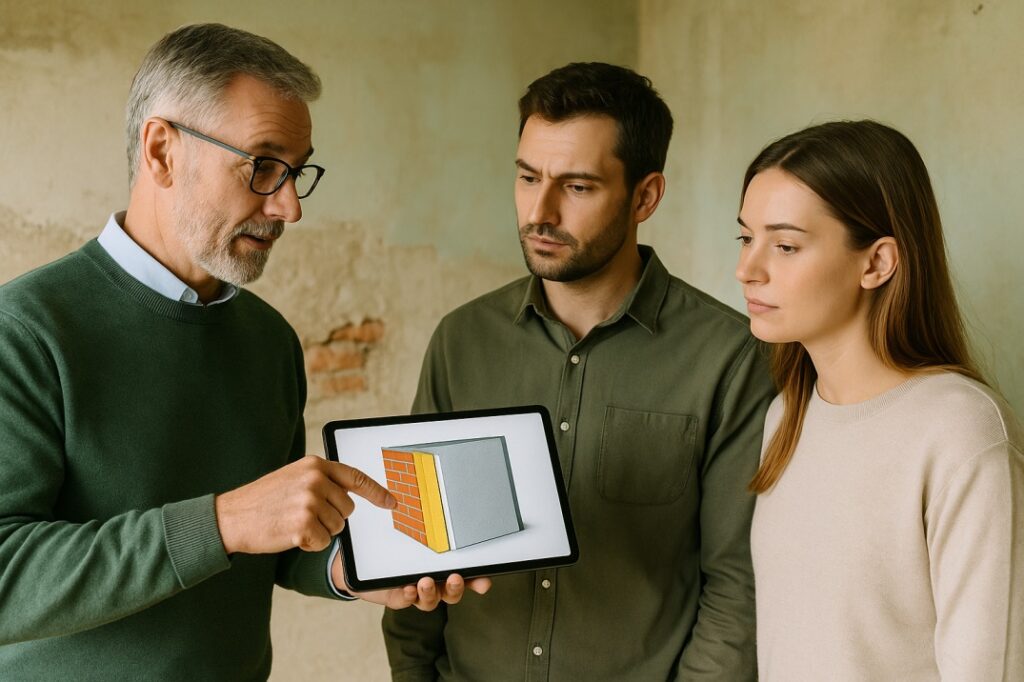 Energieberater zeigt einem jungen Paar auf dem Tablet den Wandaufbau zur Innendämmung in einem unsanierten Altbauzimmer.