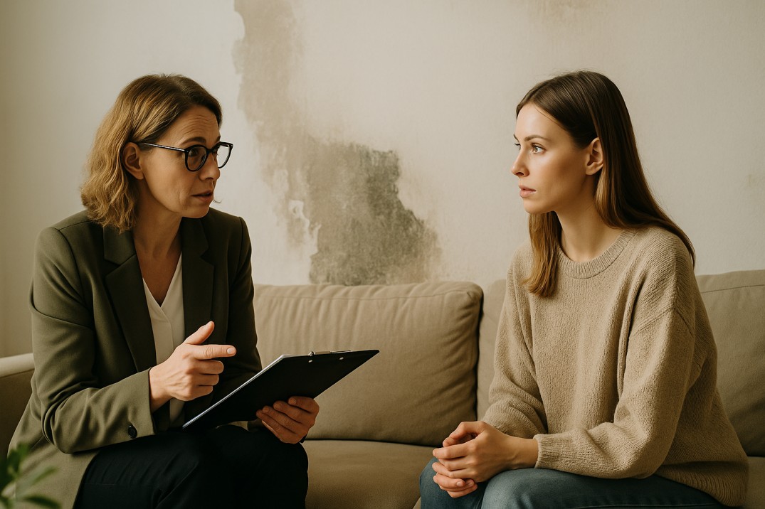 Expertin im Gespräch mit Bewohnerin vor schimmelbelasteter Wand – Beratung zu Innenanstrich und Dämmung