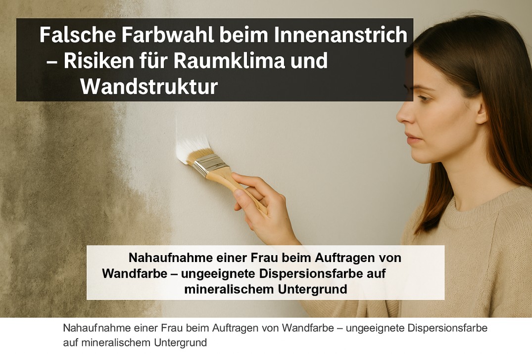 Frau streicht eine Wohnraumwand mit ungeeigneter Dispersionsfarbe – Raumklimarisiken durch falsche Farbwahl