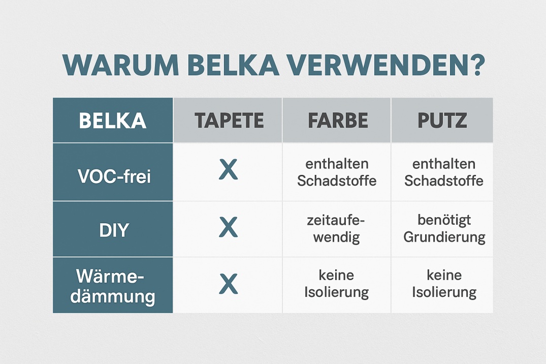 Warum Belka - Vergleich zu Tapete, Farbe und Putz