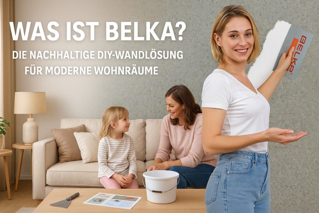 Junge Frau trägt Belka Tapete an die Wand auf, während Mutter und Tochter im gemütlichen Wohnzimmer sitzen – DIY-Anwendung mit natürlichen Materialien.