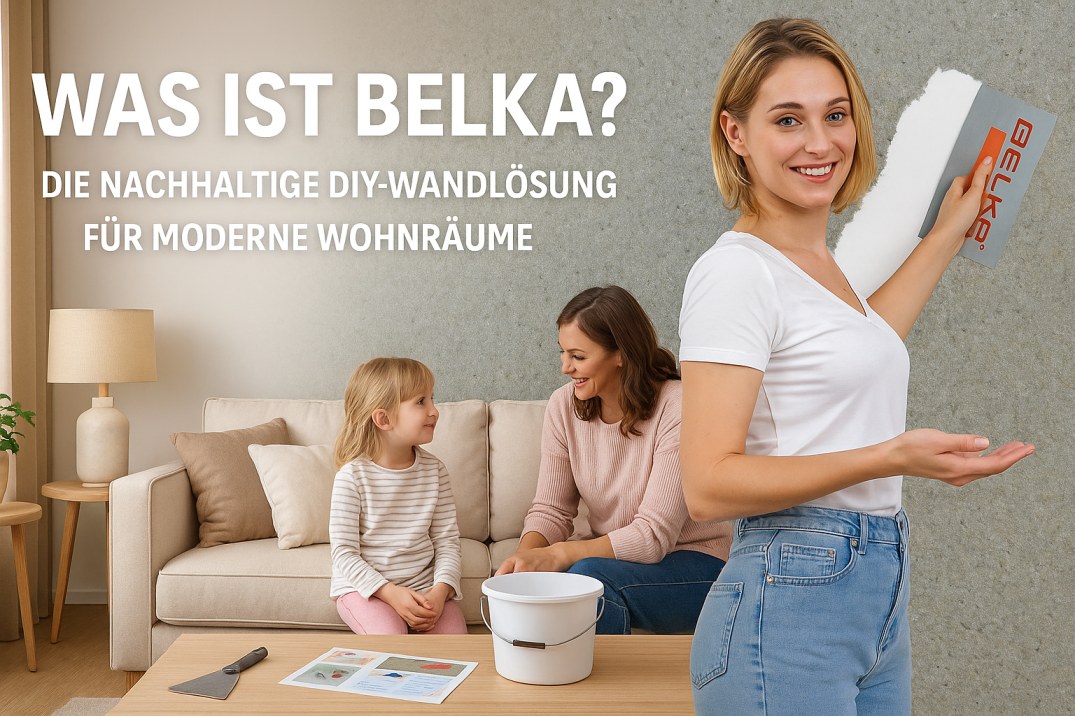 Junge Frau trägt Belka Tapete an die Wand auf, während Mutter und Tochter im gemütlichen Wohnzimmer sitzen – DIY-Anwendung mit natürlichen Materialien.