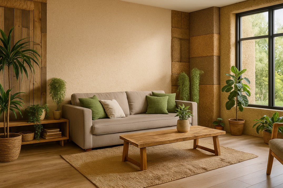 Nachhaltig eingerichtetes Wohnzimmer mit ökologischer Wandverkleidung und grüner Zimmerpflanzen-Deko