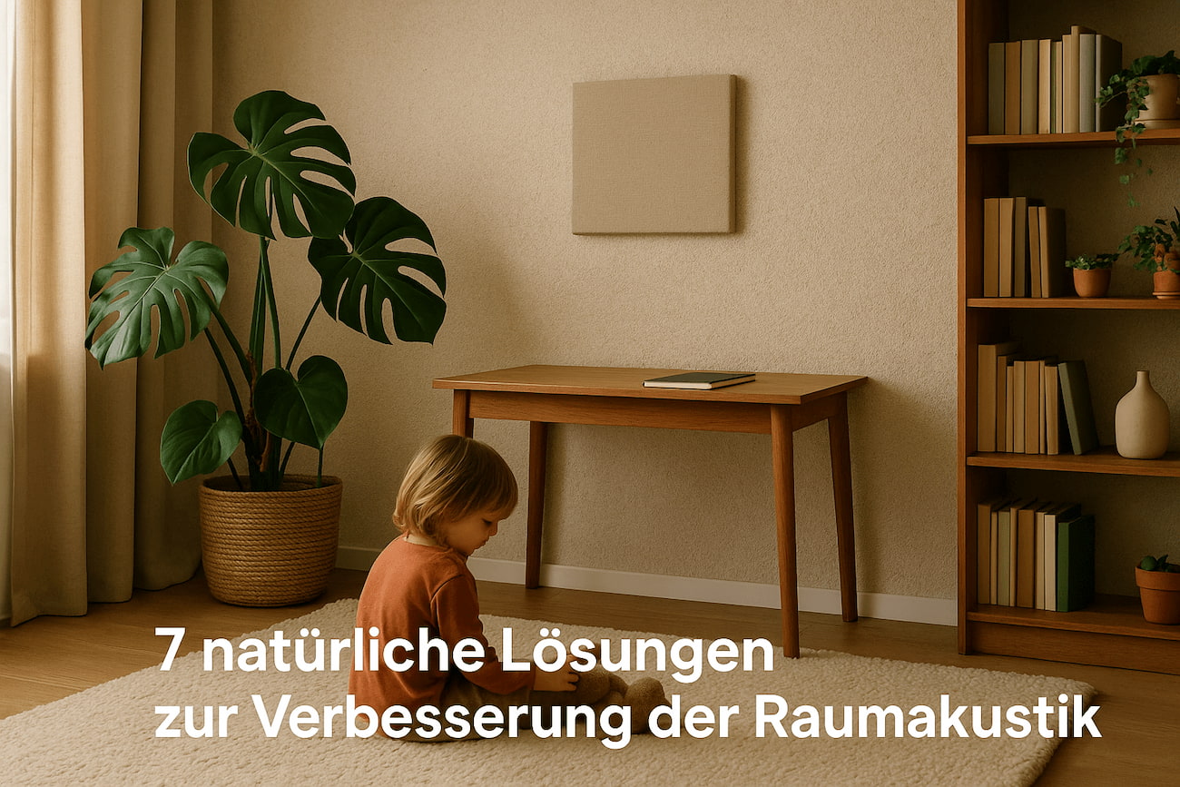 Wohnzimmer mit Teppich, Vorhängen, Zimmerpflanzen, Wandbild und strukturierter Wand – optimierte Raumakustik durch natürliche Schallabsorber