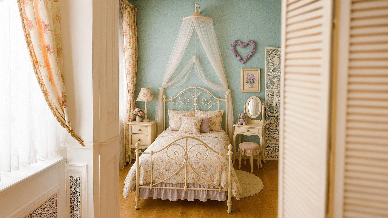 Belka B39 Pastellblau im romantischen Vintage-Schlafzimmer