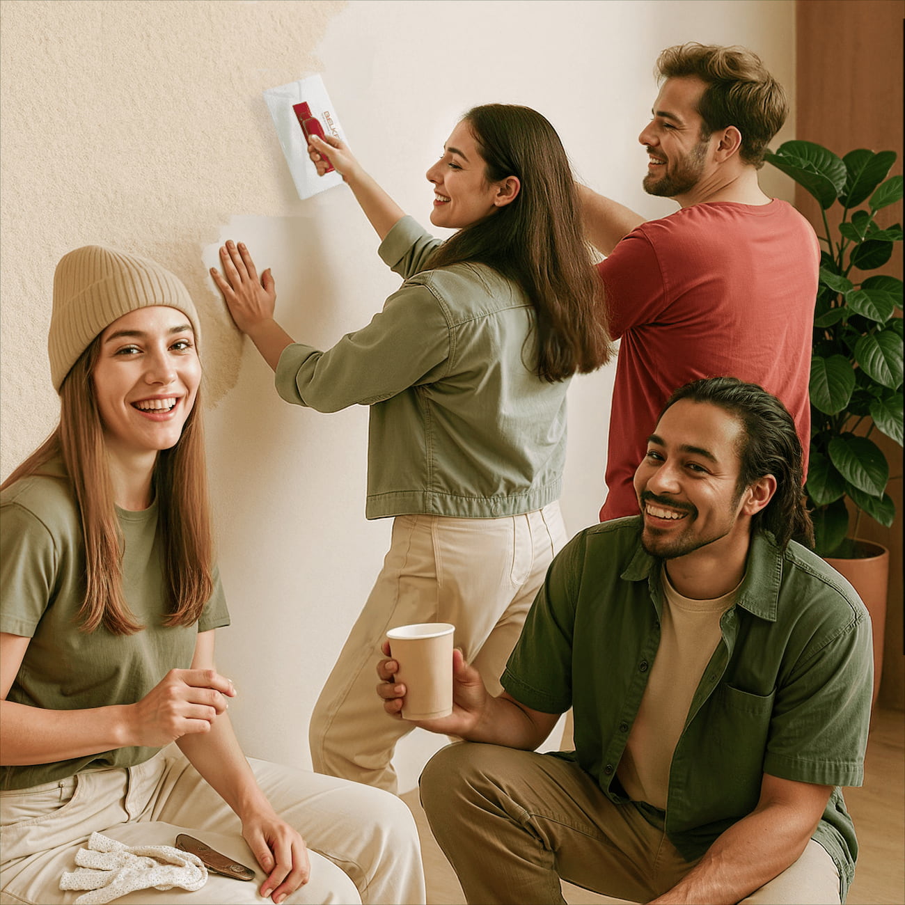 Handwerkerteam bei der Verarbeitung an der Wandfläche