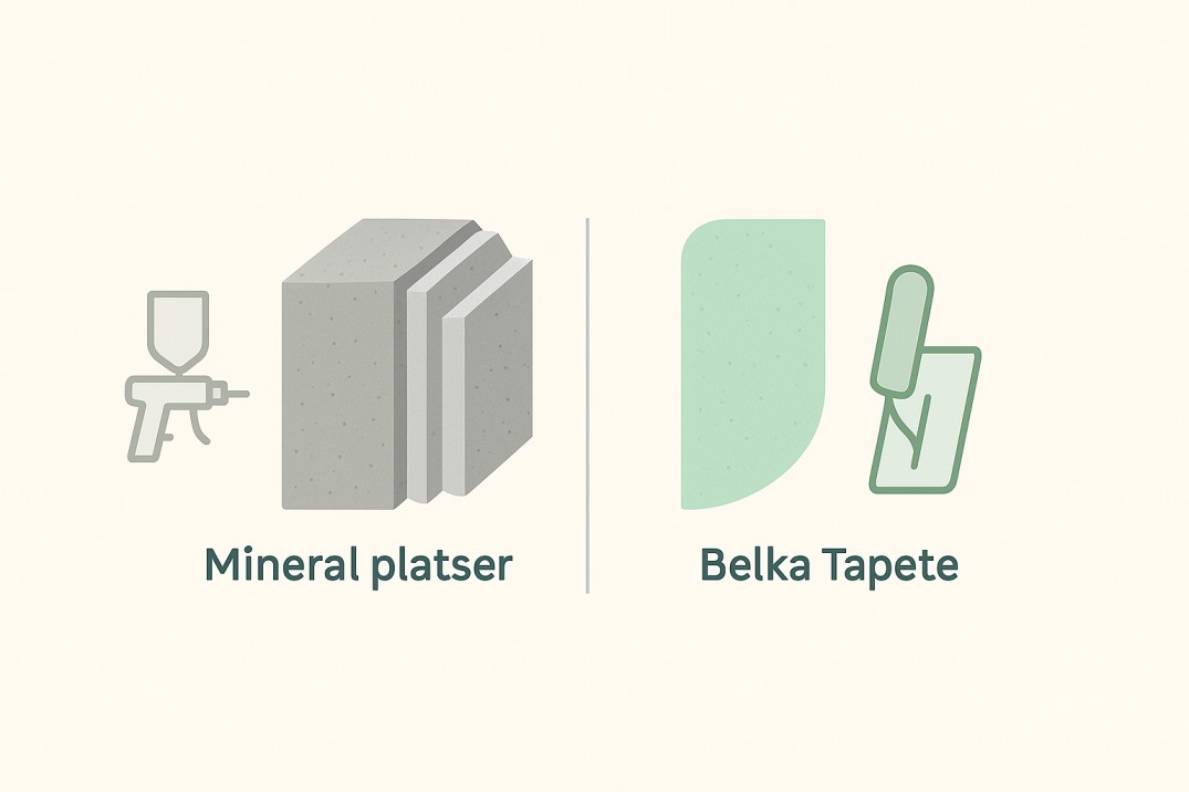 Baumwollputz – Vergleich von Mineralputz und faserbasierter Wandbeschichtung (zum Auftragen) – dünnschichtig, fugenlos.