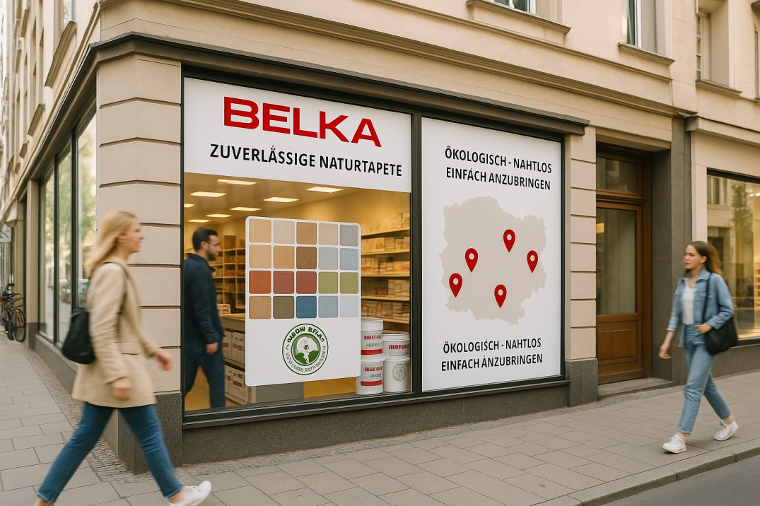 Belka – Werbung im Schaufenster eines Fachhändlers
