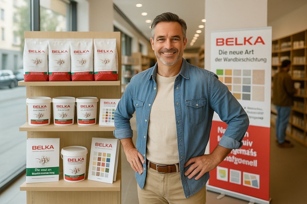 Fachhändler mit Belka Produkten im Showroom – Wandbeschichtung ökologisch und professionell präsentiert