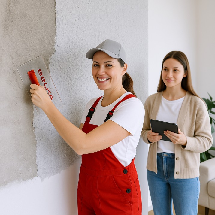 Belka-Handwerkspartner trägt die Belka Wandbeschichtung fachgerecht auf – einfache, professionelle Anwendung – nachhaltig & modern