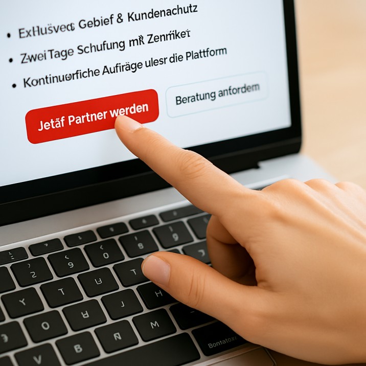 Hand klickt auf „Jetzt Partner werden“-Button auf Laptop – modernes UI, klare Call-to-Action