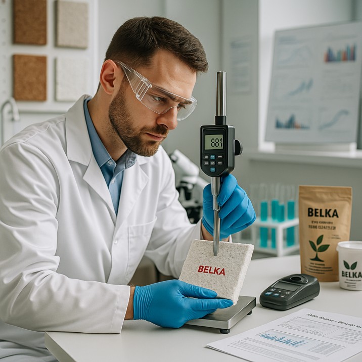 Wissenschaftler misst Belka-Wandbeschichtung im Labor – Forschungskooperation für nachhaltige Baustoffe