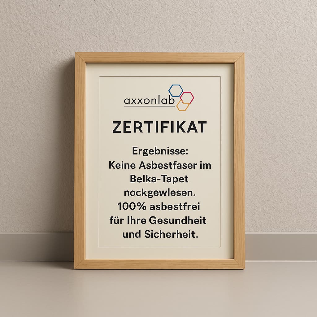 Nahaufnahme eines AxxonLab-Zertifikats für Belka Naturtapete, das die Asbestfreiheit bestätigt und Sicherheit für die Raumluft gewährleistet.