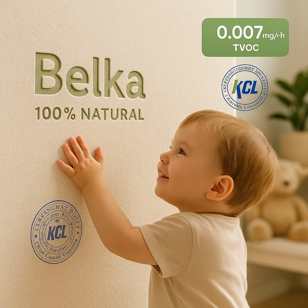 Das KCL-Zertifikat für Belka, an einer mit Naturtapete bedeckten Wand, demonstriert die Sicherheit der VOC-Emissionen gemäß ISO 16000-6.