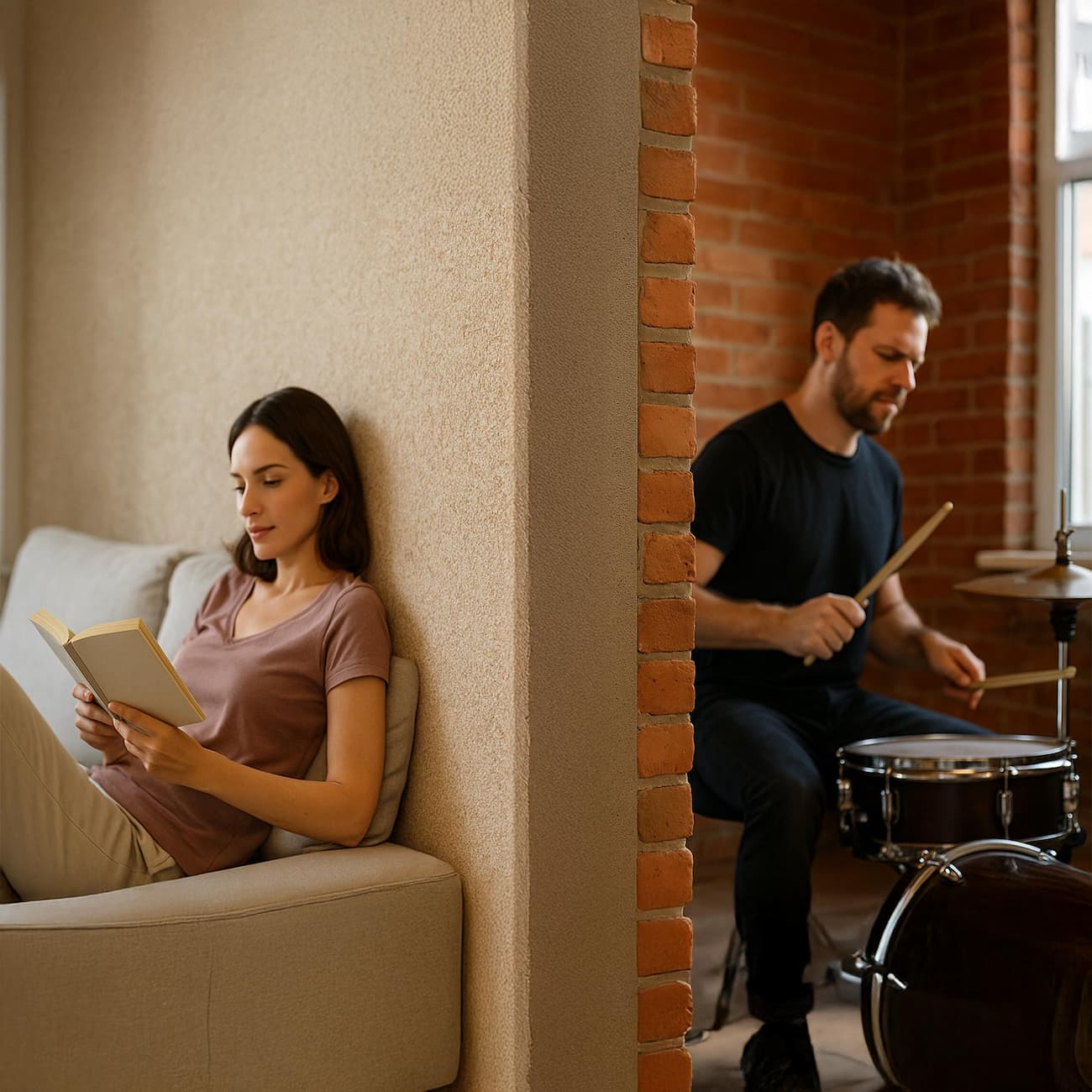 Belka Schallschutz mit TÜV-Zertifikat – entspannte Frau während Lärm von einer Wand mit Belka-Tapete blockiert wird