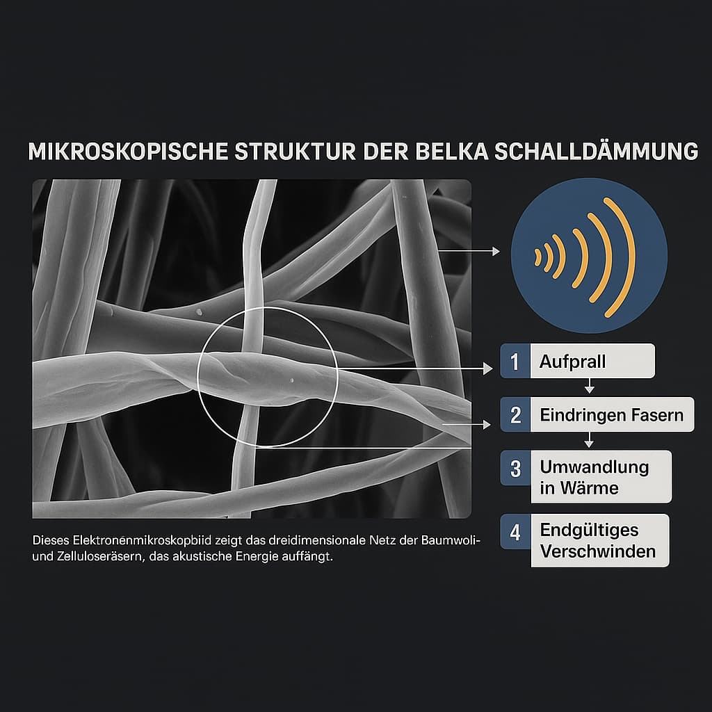 Mikroskopische Struktur des Belka Schallschutzes mit Baumwoll- und Zellulosefasern unter dem Elektronenmikroskop, erklärt den Schallabsorptionsprozess in 4 Schritten.