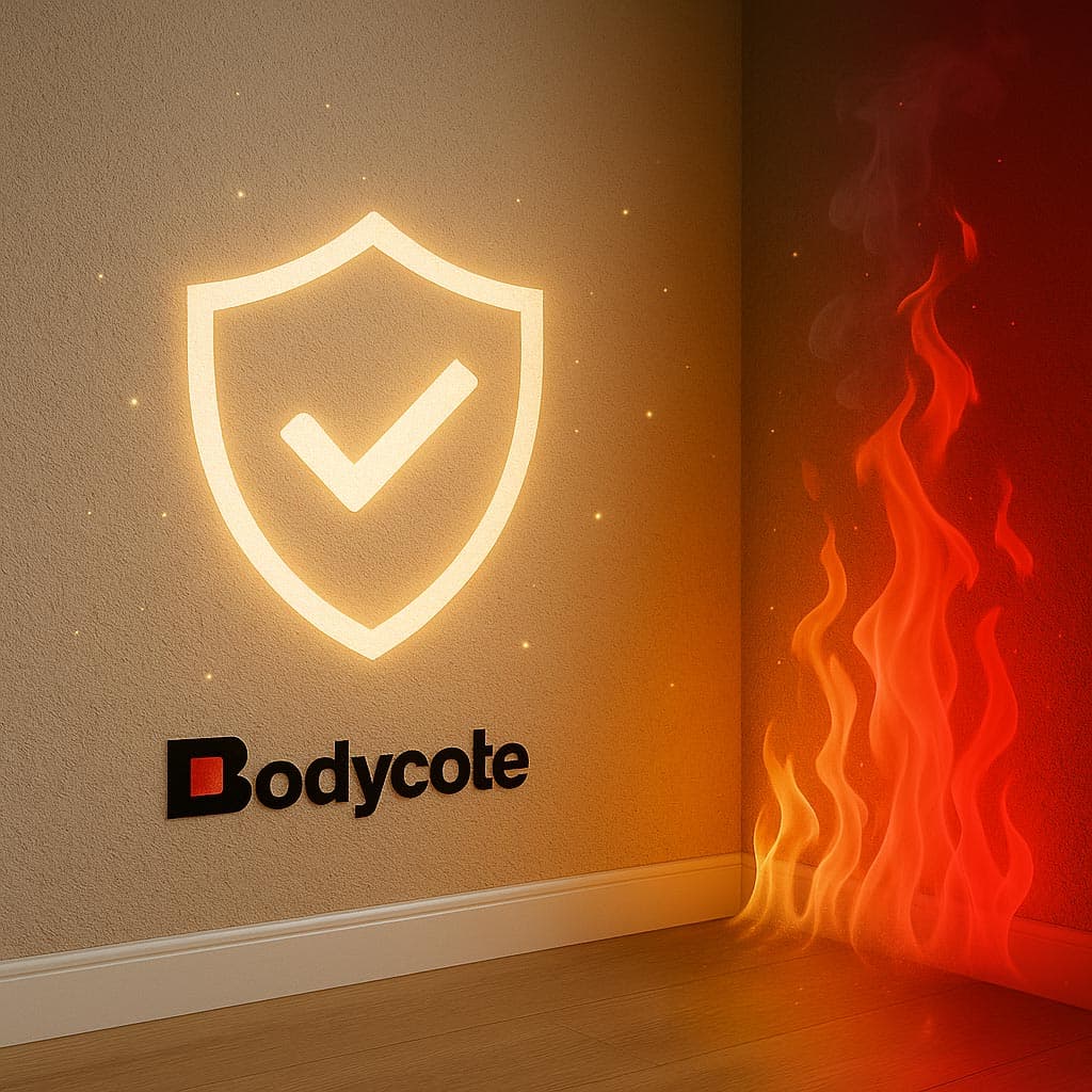 Belka Wandbeschichtung auf Wand mit Bodycote Zertifikat für maximale Feuerbeständigkeit – Klasse 0 Schutz ohne toxische Emissionen.