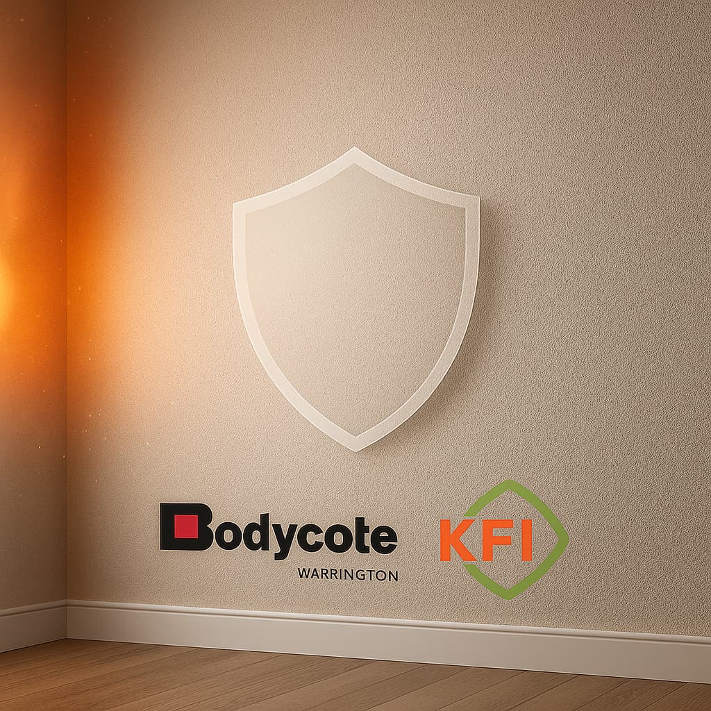 Wand mit Belka Wandbeschichtung, die Bodycote und KFI Brandschutzzertifizierungen für maximale Sicherheit hervorhebt.