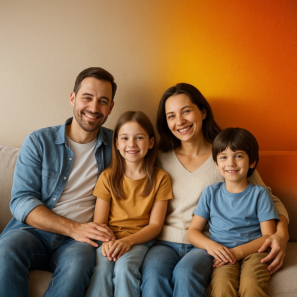 Eine moderne vierköpfige Familie sitzt entspannt auf einem Sofa vor einer mit Belka-Tapete isolierten Wand. Der orangefarbene Hintergrund betont die thermische Effizienz und Gemütlichkeit des Raums.