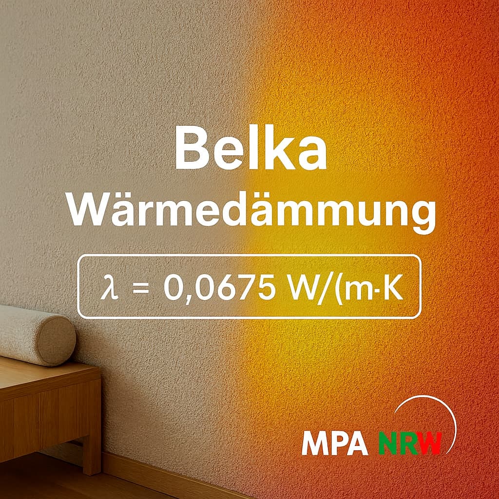 Offizielles Zertifikat für die thermische Isolierung von Belka Naturtapete, ausgestellt vom MPA NRW, mit einem hervorgehobenen Wärmedämmwert von λ = 0,0675 W/(m·K).