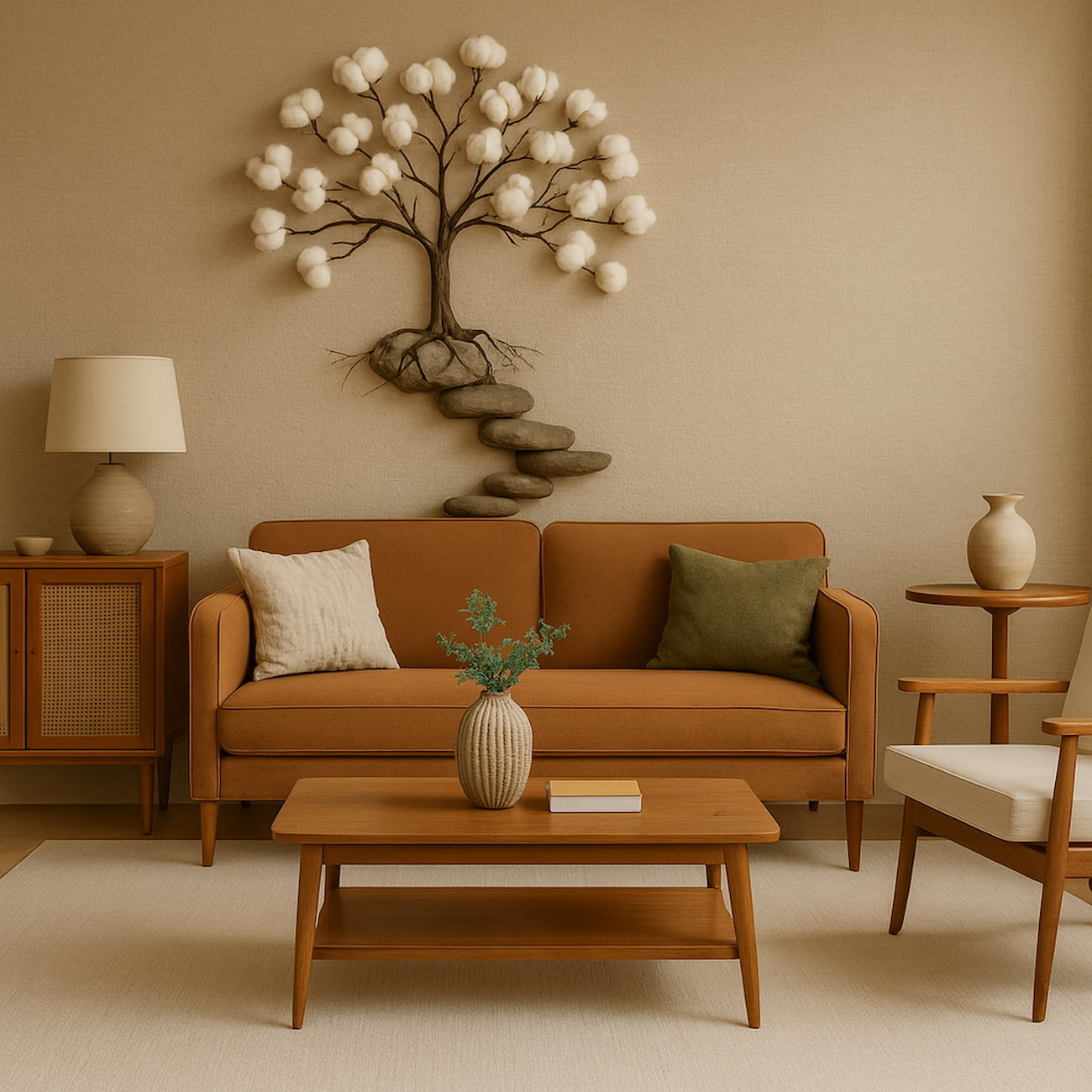 Handgemachte Wandgestaltung mit Naturmaterialien – Baumwolle und Steine im Wohnzimmer
