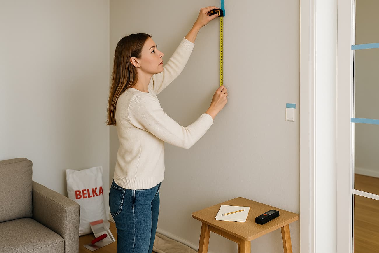 Wandfläche berechnen (m²): Frau misst eine Wand mit Maßband – so ermitteln Sie die Quadratmeter und wie viel Belka Tapete Sie benötigen.