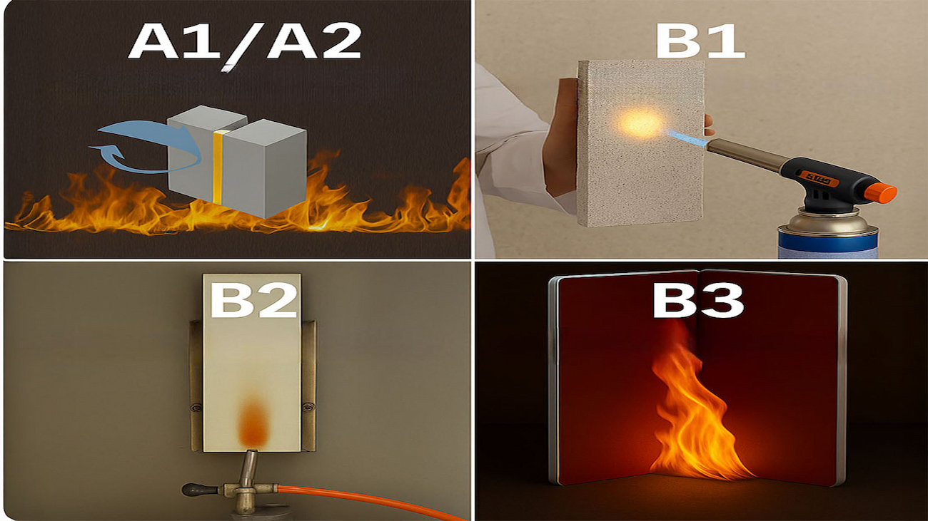 DIN 4102 EN 13501 Brandschutzklassen Test mit Belka B2 Standard flammhemmende Wandverkleidung