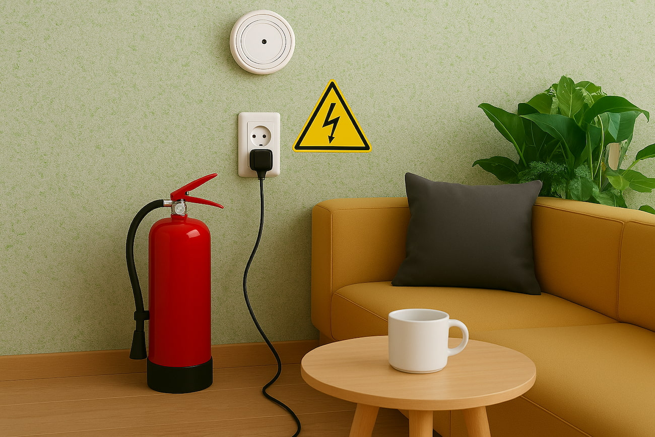 Elektrische Sicherheit im Wohnzimmer mit Feuerlöscher und Belka flammhemmender Wandverkleidung
