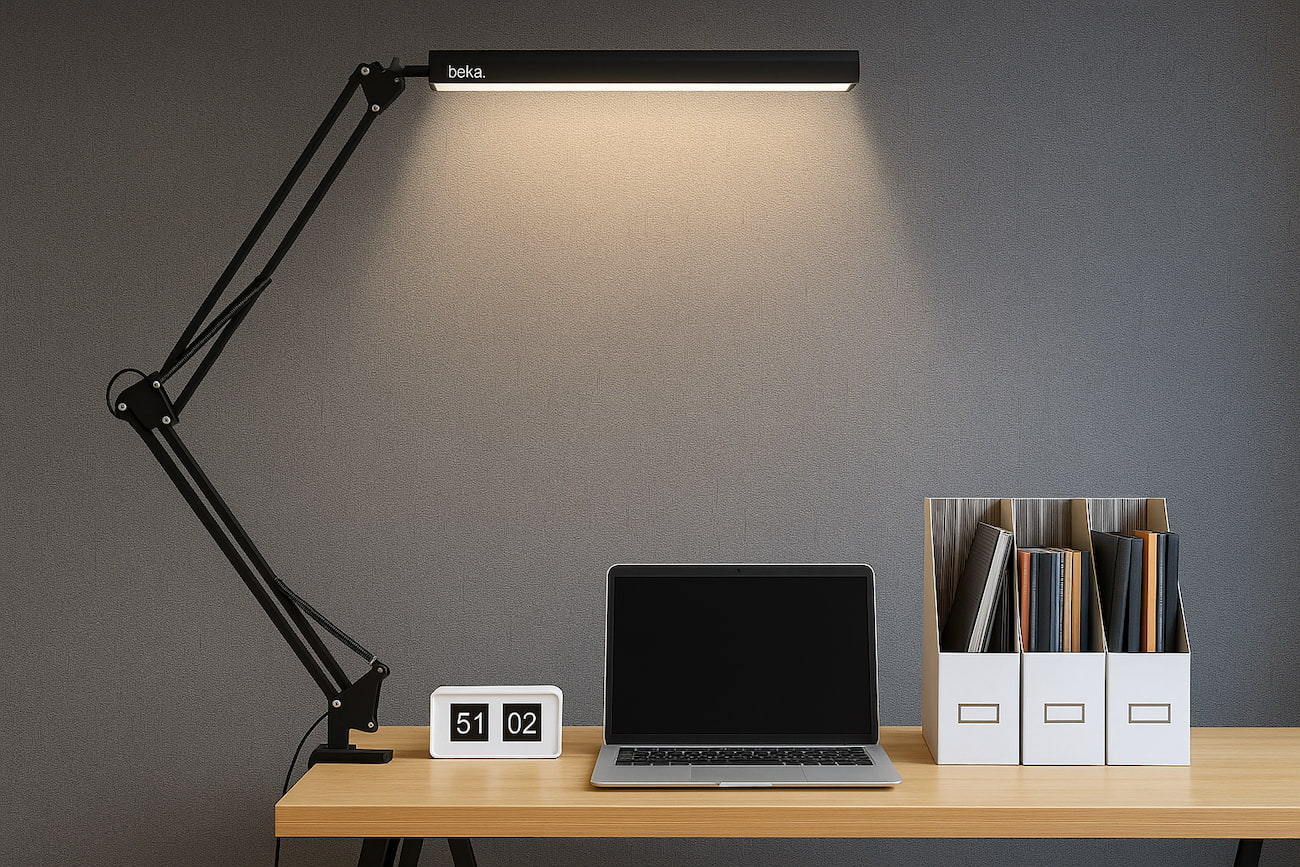 Optimal beleuchteter Arbeitsplatz mit natürlichem Licht und Belka Wandverkleidung, die das Licht sanft reflektiert