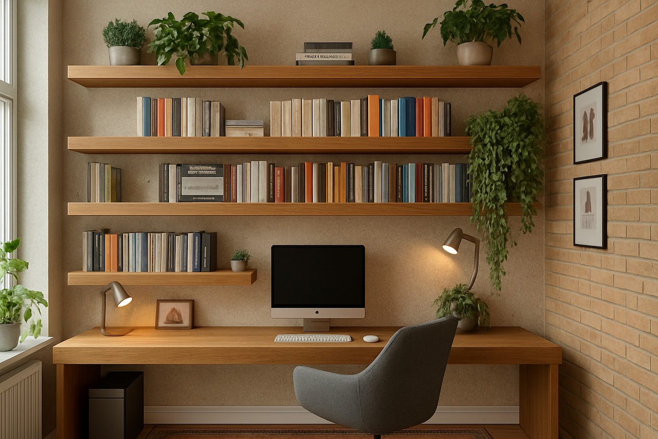 Home-Office mit verschiedenen Grünpflanzen, natürlichen Materialien und Belka Wandverkleidung für eine harmonische Arbeitsatmosphäre