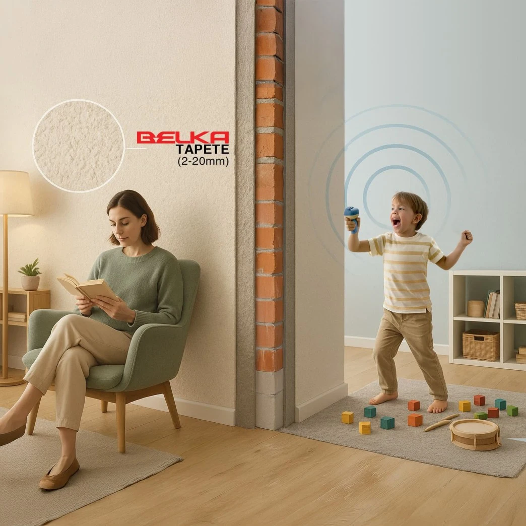 Belka Schalldämmung Tapete: Illustration zweier Wohnungen – rechts spielt ein Kind laut, links liest eine Frau entspannt; der Wandaufbau mit Belka zeigt die natürliche Schalldämpfung.