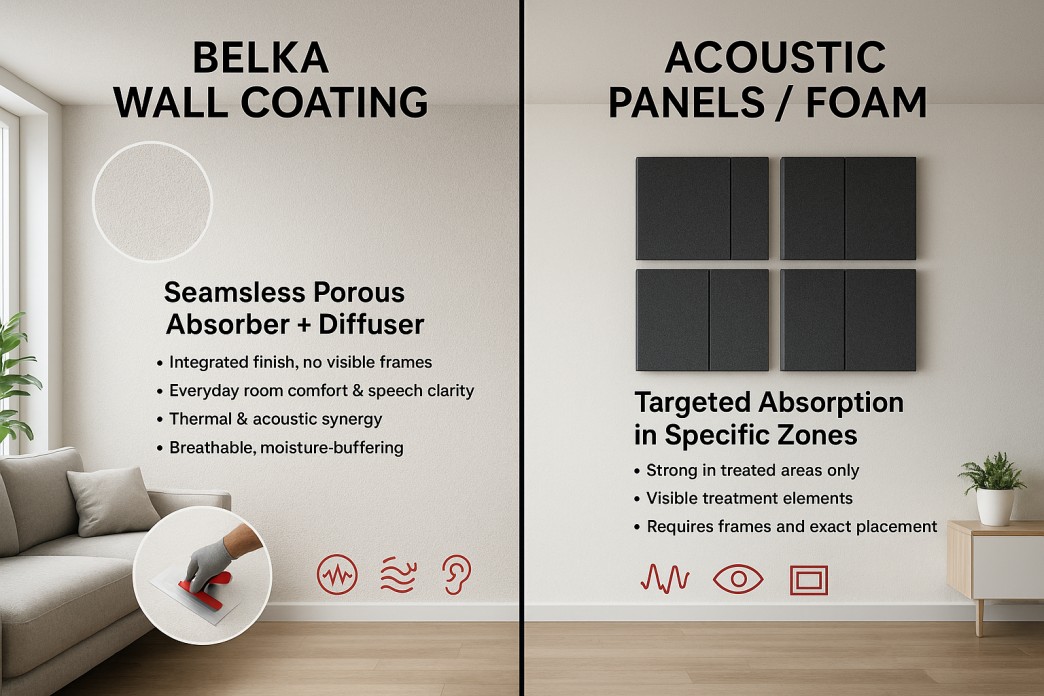 Belka Wandbeschichtung vs. Akustikpaneele: fugenlose, poröse Absorption & Diffusion im ganzen Raum vs. punktuelle, sichtbare Behandlung.