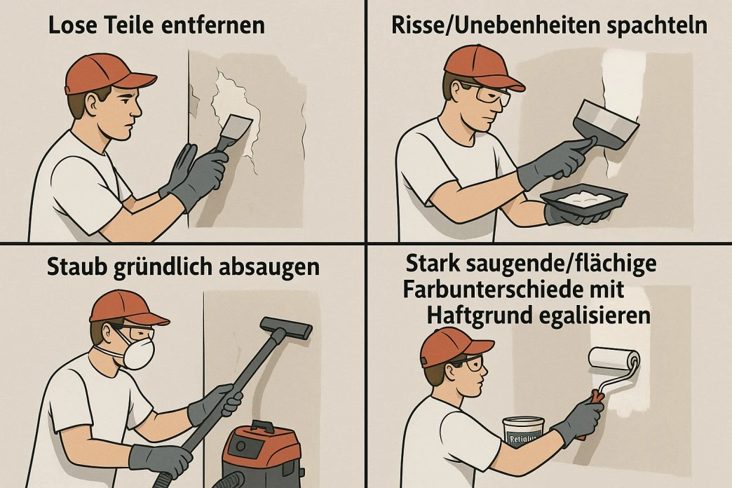 
Untergrund vorbereiten: lose Teile entfernen, Risse/Unebenheiten spachteln, Staub gründlich absaugen und stark saugende/flächige Farbunterschiede mit Haftgrund egalisieren.