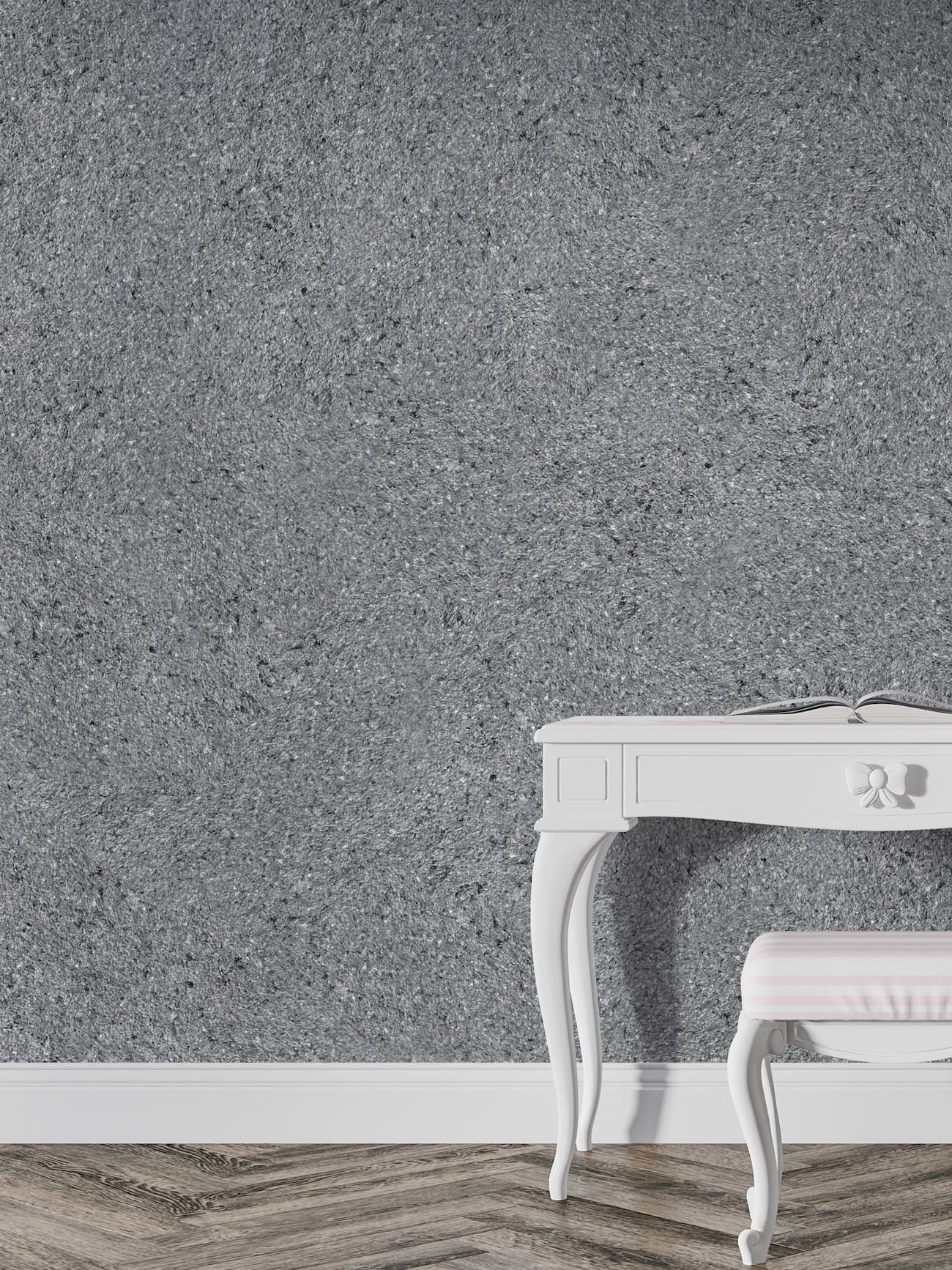 Belka G300 Urban Graphit Grau – elegante graue Wandbeschichtung im Wohnraum Belka G300 Tapete Urban Graphit Grau an der Wand mit weißem Konsolentisch – moderne graue Wandgestaltung