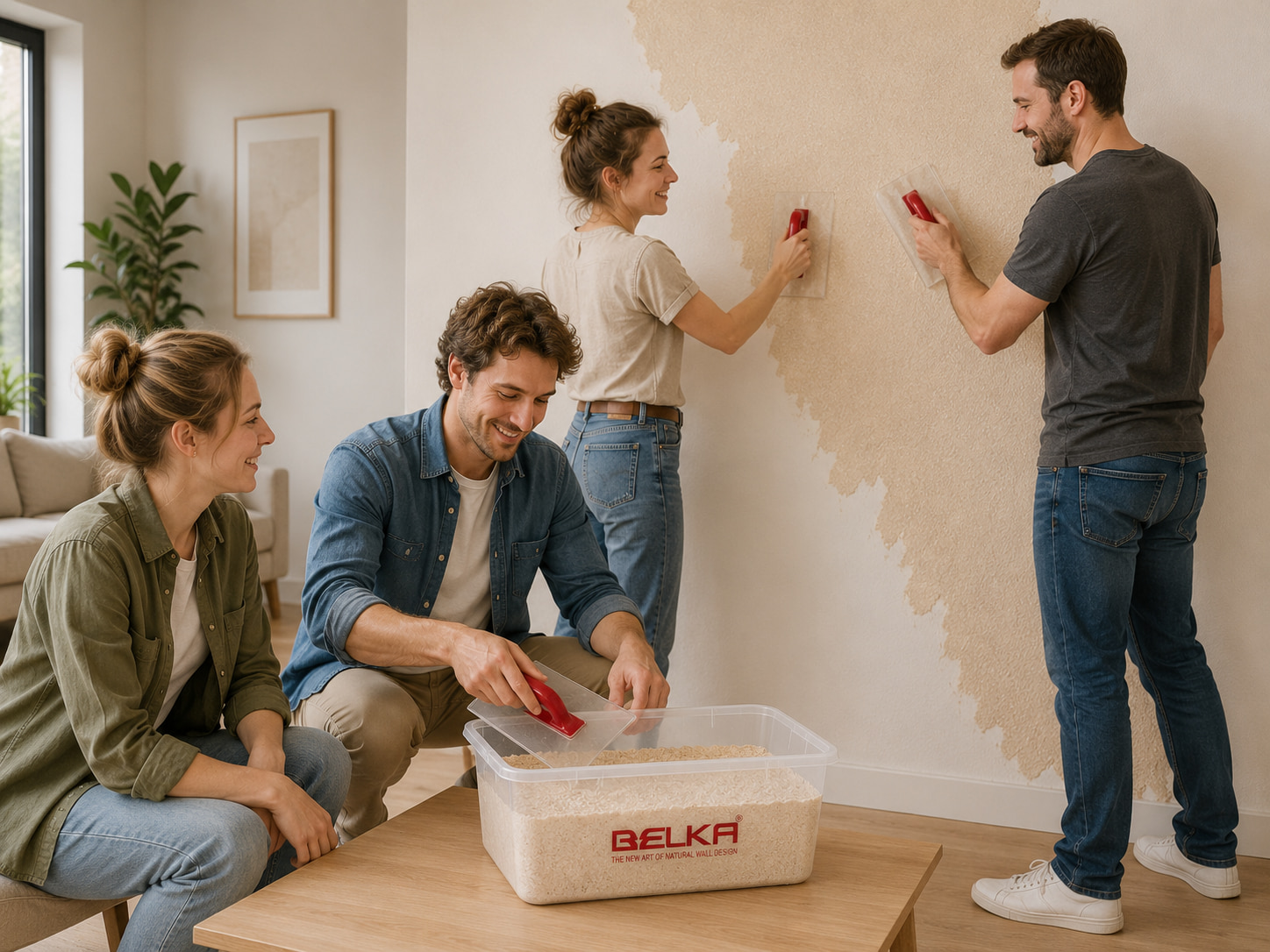 Handwerksteam verarbeitet BELKA Tapete auf einer Innenwand