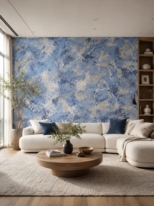 BELKA Tapete MIX4001 Mittelmeer-Brise als blau-beige Akzentwand in einem modernen Wohnzimmer