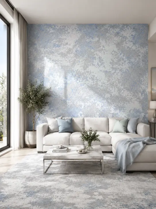 BELKA Tapete MIX4002 Nordische Ruhe als helle Akzentwand in Hellblau, Silber, Grün und Weiß im modernen Wohnzimmer