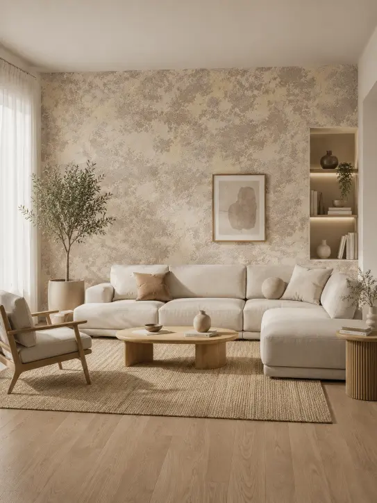 BELKA Tapete MIX4005 Leinen & Sand als warme Akzentwand in Creme, Beige, Taupe und Vintage-Weiß im Wohnzimmer