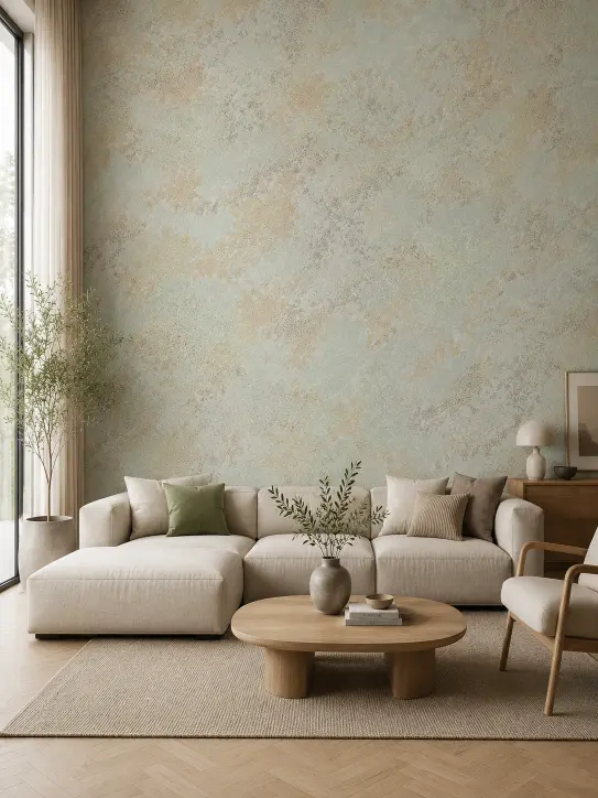 BELKA Tapete MIX4009 Waldlicht als natürliche Akzentwand in Grau-Grün, sanften Grüntönen und Vintage-Weiß im modernen Wohnzimmer