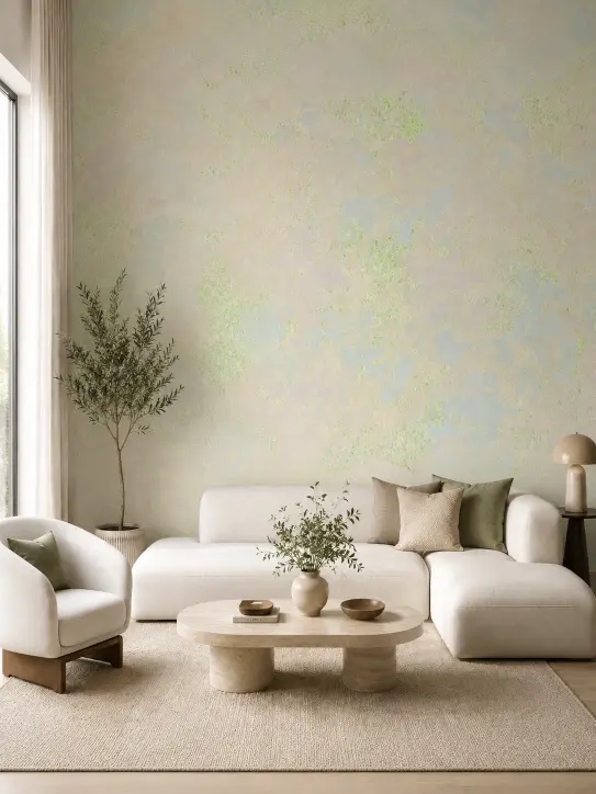BELKA Tapete MIX4010 Frühlingslicht als helle Akzentwand in Gelb-Grün, Gelb-Creme, sanftem Grün und Elfenbein im modernen Wohnraum